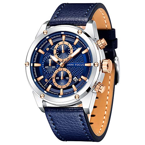 MF MINI FOCUS Mens Watch Business Casual Wrist Watches (Multifunction/Waterproof/Luminous/Calendar) Blue Leather Strap Fashion Watch for Men - Image 1