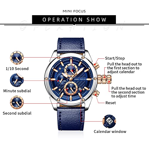 MF MINI FOCUS Mens Watch Business Casual Wrist Watches (Multifunction/Waterproof/Luminous/Calendar) Blue Leather Strap Fashion Watch for Men - Image 5