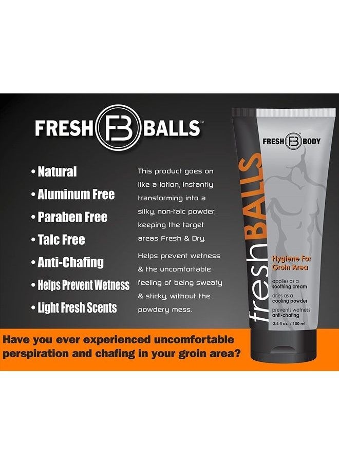 Fresh Body FB - Fresh Balls Lotion, 3.4 fl oz | Men's Anti-Chafing Soothing Cream to Powder - Ball Deodorant and Hygiene for Groin Area - Aluminum-Free, Talc-Free - Image 1