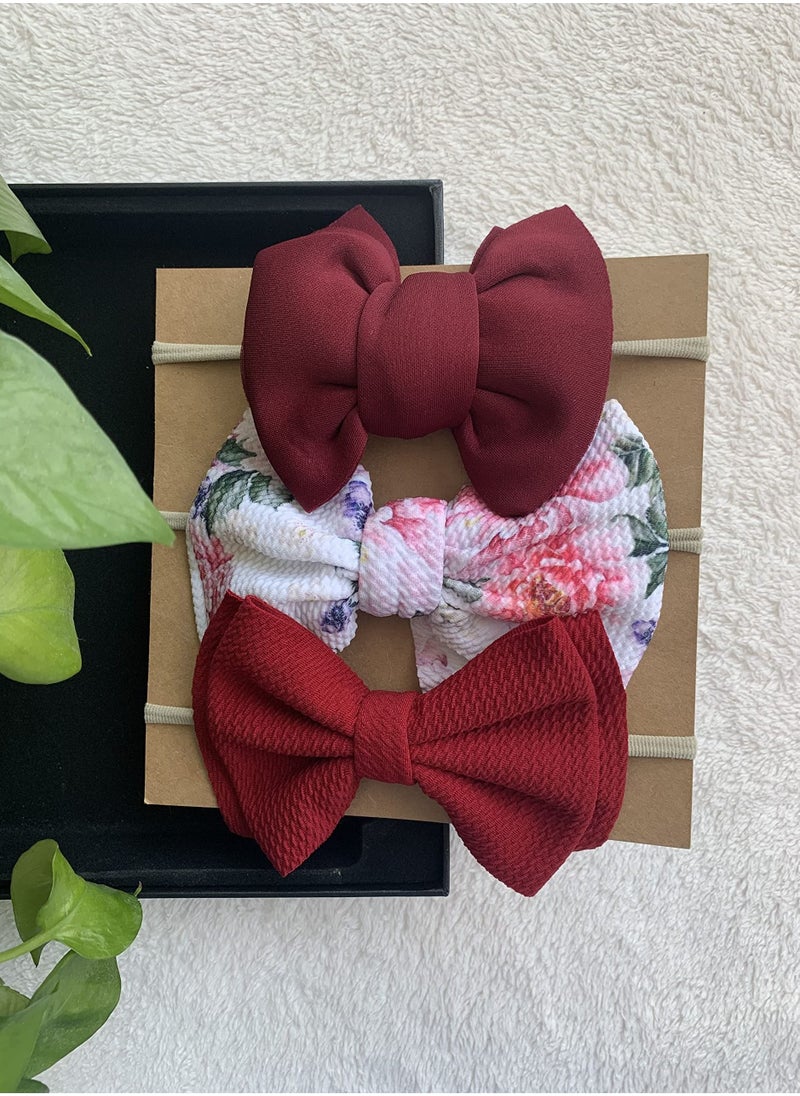 The Girl Cap The Girl Cap Elastic Baby Headband Stretchable Nylon Assorted Hairbands Hair Accessories for Baby -  Maroon  - 3PCs  - Image 2