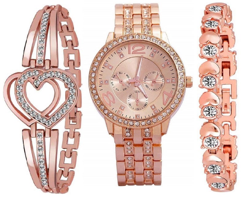 ZUPERIA Diamond Studded Rose Gold Analogue Watch with 2 Bracelets for Girls & Women (RG Gevna) - Image 1