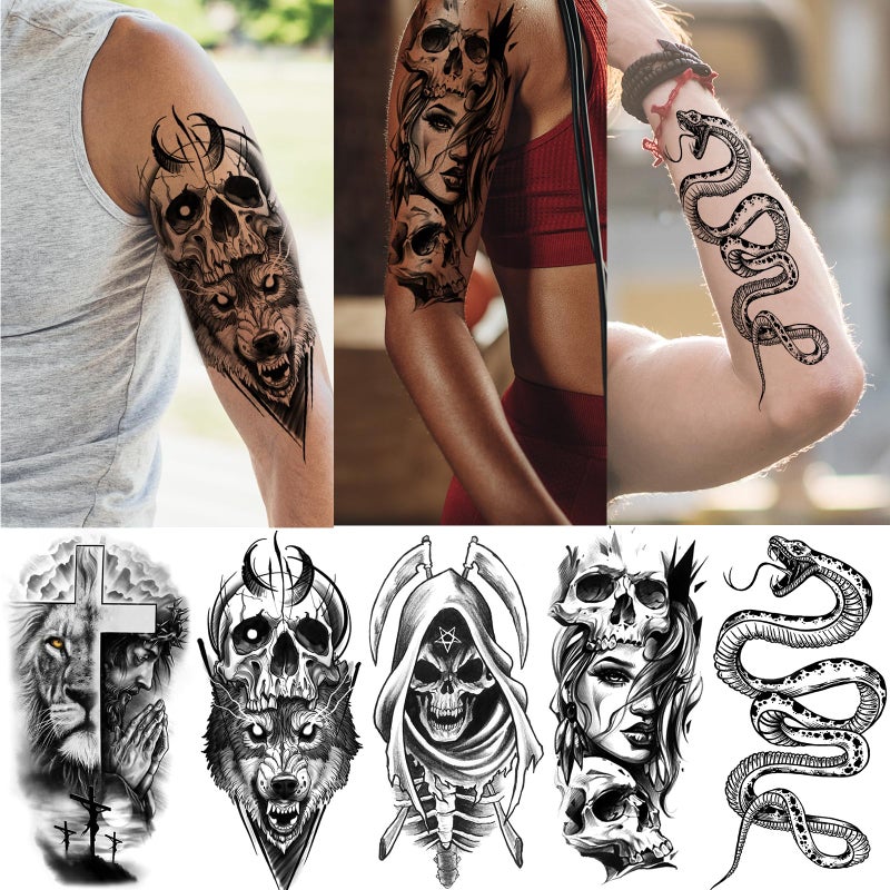 Zeecdatoo 52 Sheets Black Halloween Temporary Tattoos for Kids Men Women, Include 10 Sheets Large Half Arm Sleeve Fake Tattoos, 200+ PCS Spider Snake Tiger Lion Skull Bat Vampire Scar Halloween Tattoos - Image 3