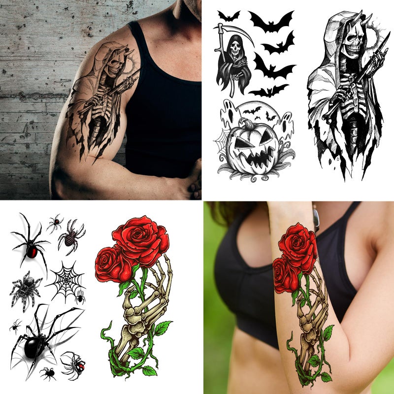 Zeecdatoo 52 Sheets Black Halloween Temporary Tattoos for Kids Men Women, Include 10 Sheets Large Half Arm Sleeve Fake Tattoos, 200+ PCS Spider Snake Tiger Lion Skull Bat Vampire Scar Halloween Tattoos - Image 2
