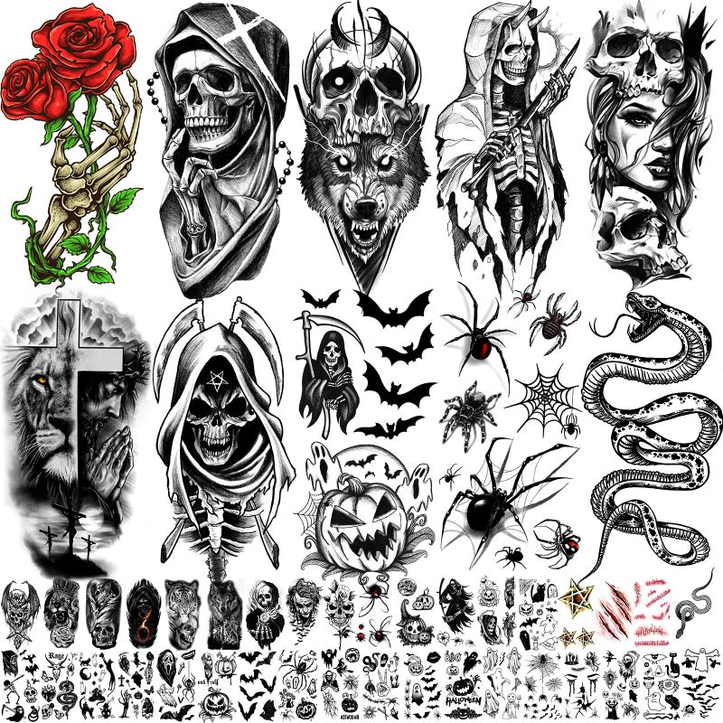 Zeecdatoo 52 Sheets Black Halloween Temporary Tattoos for Kids Men Women, Include 10 Sheets Large Half Arm Sleeve Fake Tattoos, 200+ PCS Spider Snake Tiger Lion Skull Bat Vampire Scar Halloween Tattoos - Image 1