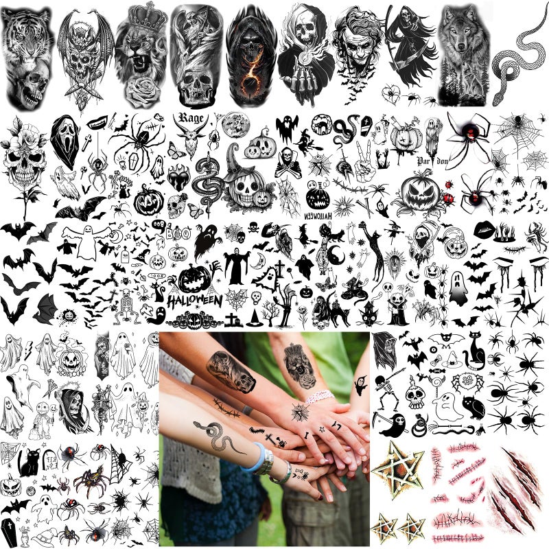 Zeecdatoo 52 Sheets Black Halloween Temporary Tattoos for Kids Men Women, Include 10 Sheets Large Half Arm Sleeve Fake Tattoos, 200+ PCS Spider Snake Tiger Lion Skull Bat Vampire Scar Halloween Tattoos - Image 4