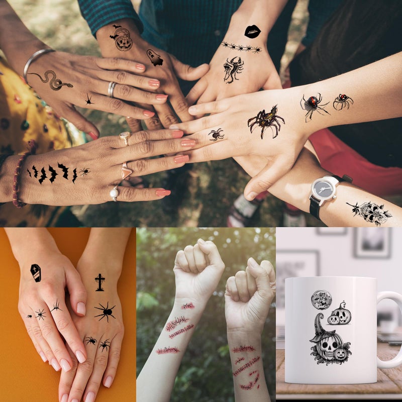 Zeecdatoo 52 Sheets Black Halloween Temporary Tattoos for Kids Men Women, Include 10 Sheets Large Half Arm Sleeve Fake Tattoos, 200+ PCS Spider Snake Tiger Lion Skull Bat Vampire Scar Halloween Tattoos - Image 5
