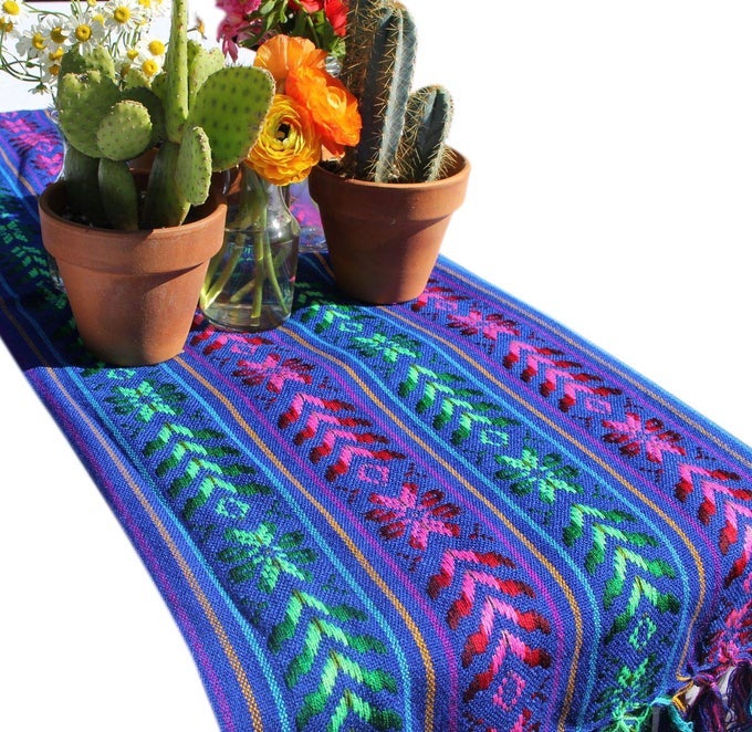 WOVEN REBOZO STYLE MEXICAN TABLE RUNNER SCARF BLUE