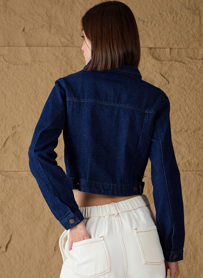 SASSAFRAS Women’s Blue Crop Denim Jacket with Embroidery - Image 4