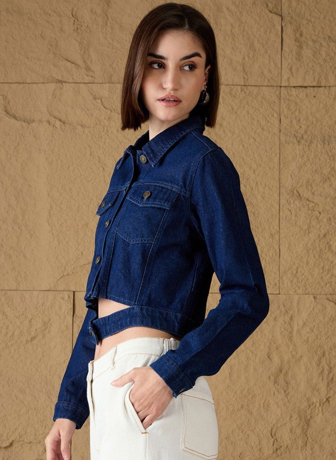 SASSAFRAS Women’s Blue Crop Denim Jacket with Embroidery - Image 3