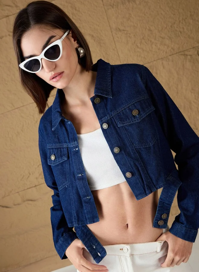 SASSAFRAS Women’s Blue Crop Denim Jacket with Embroidery