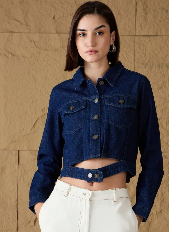 ساسافراس Women’s Blue Crop Denim Jacket with Embroidery