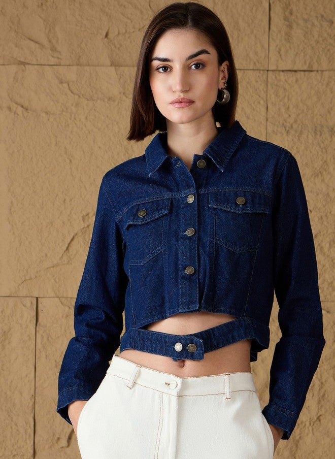 SASSAFRAS Women’s Blue Crop Denim Jacket with Embroidery - Image 1