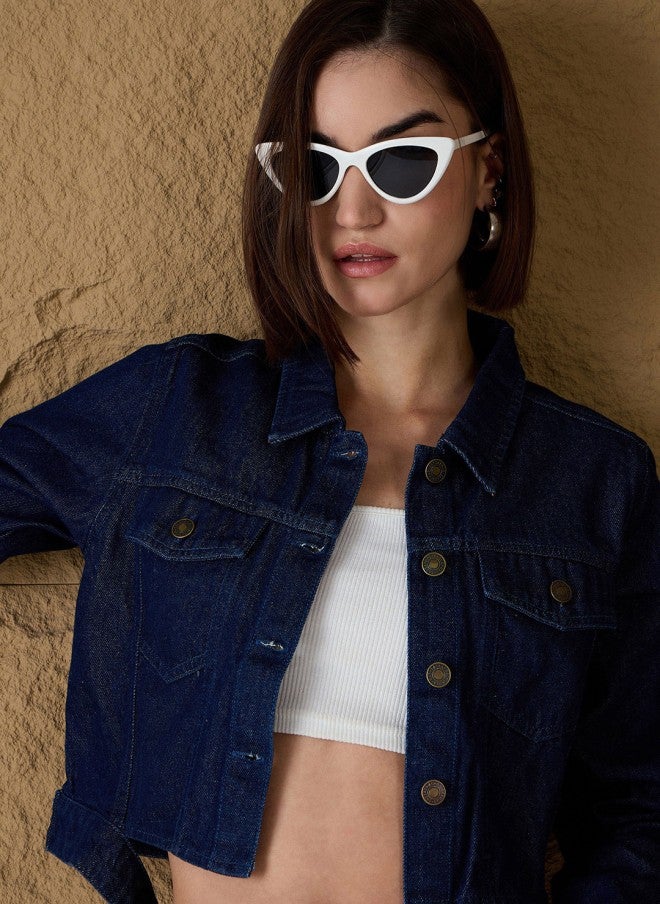 SASSAFRAS Women’s Blue Crop Denim Jacket with Embroidery - Image 2