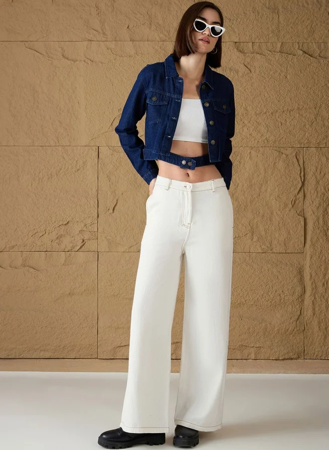 SASSAFRAS Women’s Blue Crop Denim Jacket with Embroidery
