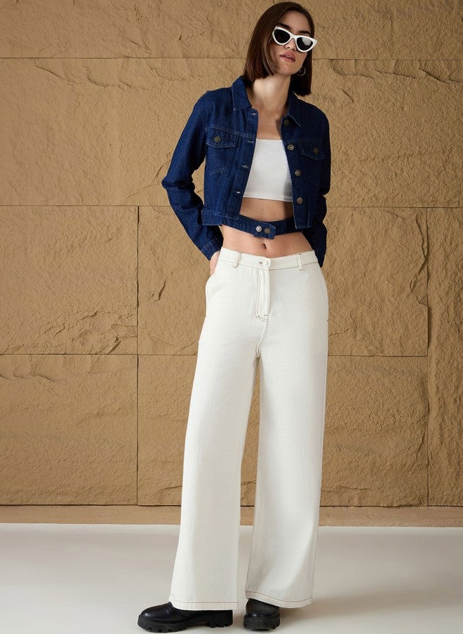 SASSAFRAS Women’s Blue Crop Denim Jacket with Embroidery - Image 5