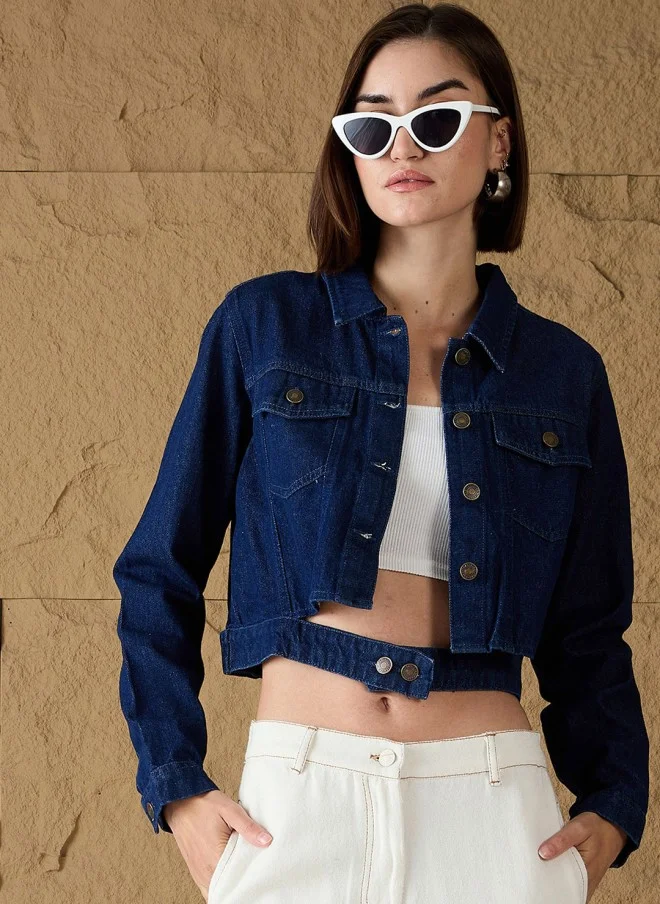 SASSAFRAS Women’s Blue Crop Denim Jacket with Embroidery