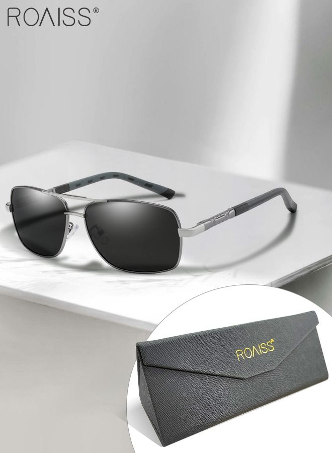 roaiss Men's Polarized Rectangular Sunglasses, UV400 Protection Sun Glasses with Metal Frame, Fashion Anti-Glare Sunglasses for Men Driving, Fishing, Traveling, Gun Color Silver, 65mm  - Image 1