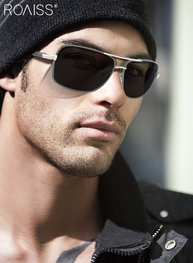 roaiss Men's Polarized Rectangular Sunglasses, UV400 Protection Sun Glasses with Metal Frame, Fashion Anti-Glare Sunglasses for Men Driving, Fishing, Traveling, Gun Color Silver, 65mm  - Image 2