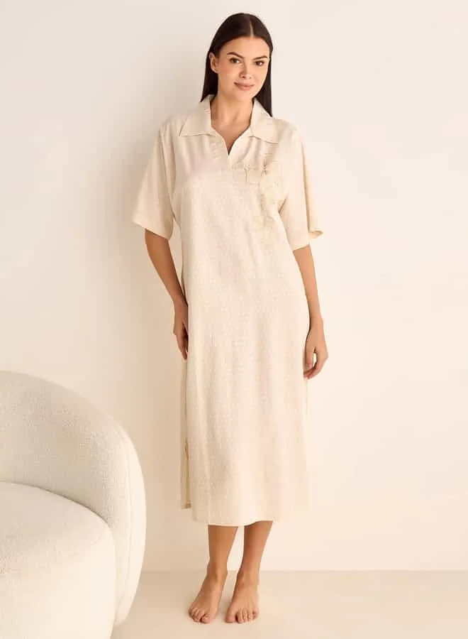 Splash FAV Floral Embroidered Dobby Sleepshirt with Collar and Short Sleeves