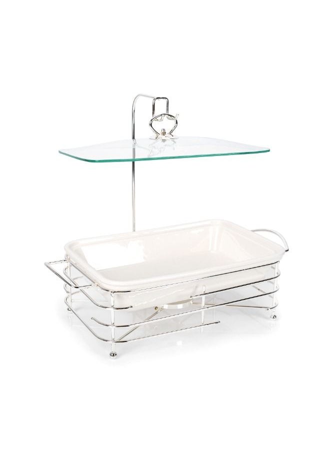 La Mesa Rectangular Food Warmer Set With Candle Stand Glass&Metal 13.5 Cm White  - Image 1