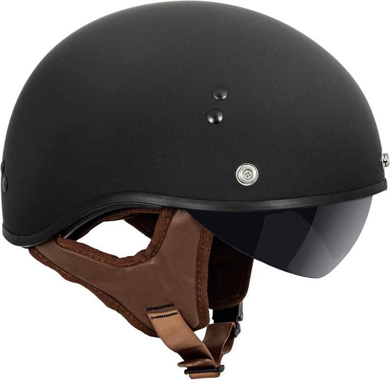 VCAN Cruiser Solid Flat Black Half Face Motorcycle Helmet with Drop-Down Sun Visor - Image 3