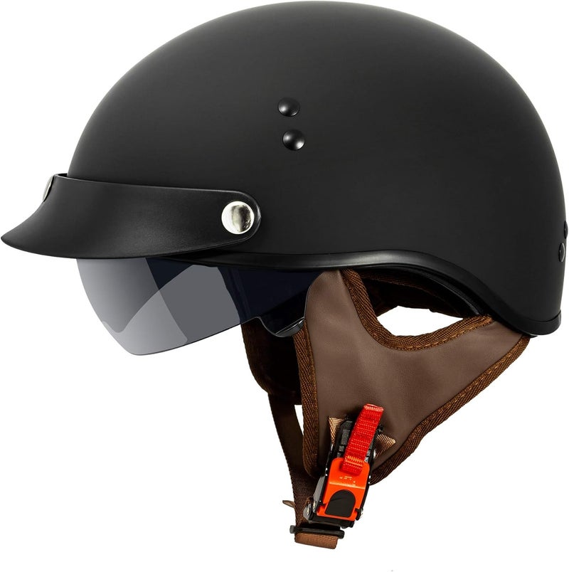 VCAN Cruiser Solid Flat Black Half Face Motorcycle Helmet with Drop-Down Sun Visor - Image 1