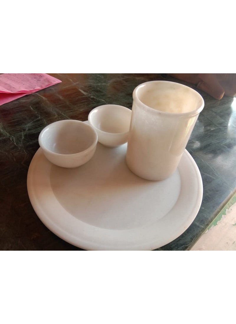 R&M - RM Handmade White Marble Plate Rameshwaram Marble, Marble Bowl,Marble Glass Set (Plate- 1x10 cm, Bowl- 4x4 cm, Glass- 5x3 cm) - Image 1