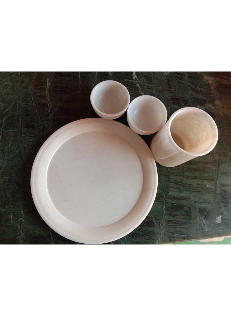 R&M - RM Handmade White Marble Plate Rameshwaram Marble, Marble Bowl,Marble Glass Set (Plate- 1x10 cm, Bowl- 4x4 cm, Glass- 5x3 cm) - Image 1