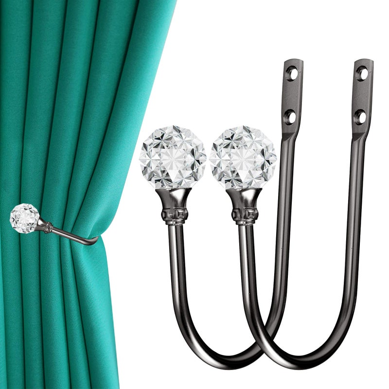 Curtain Holdback 2pcs Wall Mounted Drapery Tiebacks with Clear Crystal Ball Heavy Duty Metal Decorative Window Drapery Curtain Holder Curtain Hooks with Screws Matt Black
