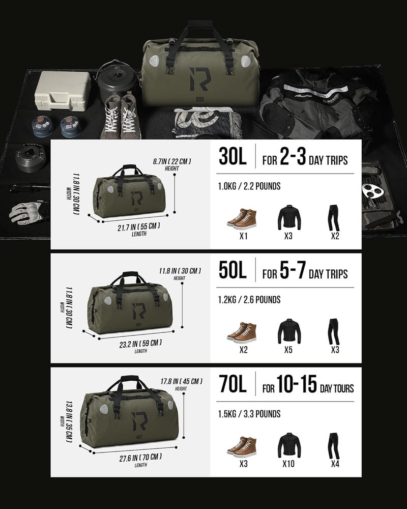 BORLENI حقيبة خلفية للدراجات النارية من بورليني مقاومة للماء - حقيبة سفر 70 لتر زيتوني - Image 5