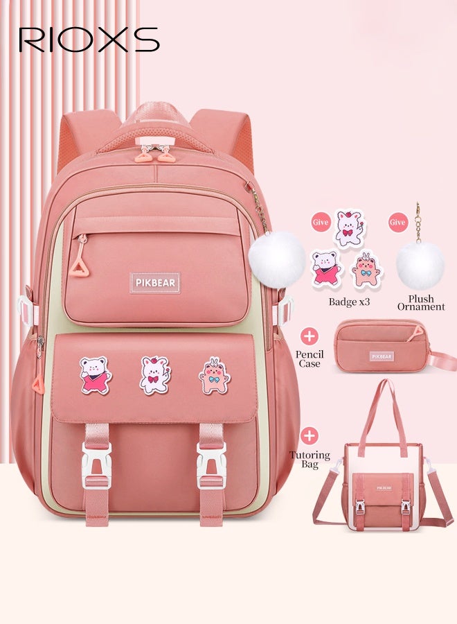 RIOXS Kids Backpack, Cute Girls Backpack with Badge And Pendant, Large Capacity School Bag, Multi-Pocket Schoolbag for Kindergarten Elementary, Book Bag for Girls 6-12 Years Old, Pink Backpack 47x32x19cm  - Image 1
