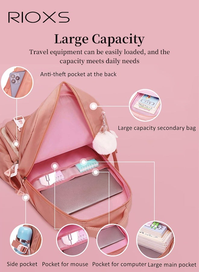 RIOXS Kids Backpack, Cute Girls Backpack with Badge And Pendant, Large Capacity School Bag, Multi-Pocket Schoolbag for Kindergarten Elementary, Book Bag for Girls 6-12 Years Old, Pink Backpack 47x32x19cm  - Image 3