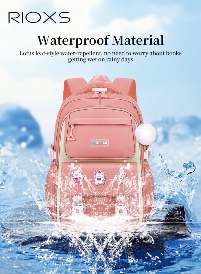 RIOXS Kids Backpack, Cute Girls Backpack with Badge And Pendant, Large Capacity School Bag, Multi-Pocket Schoolbag for Kindergarten Elementary, Book Bag for Girls 6-12 Years Old, Pink Backpack 47x32x19cm  - Image 5