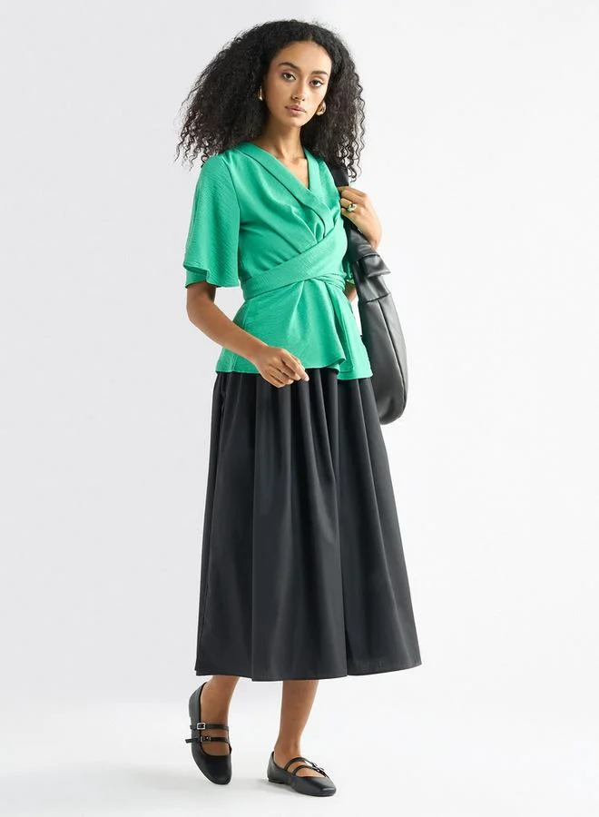 Splash FAV V-neck Top with Flutter Sleeves and Knot Detail