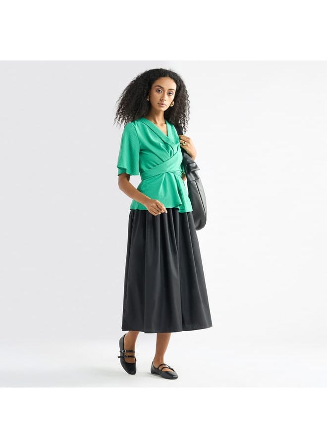 FAV - Solid V-neck Top with Flutter Sleeves and Knot Detail - Image 1