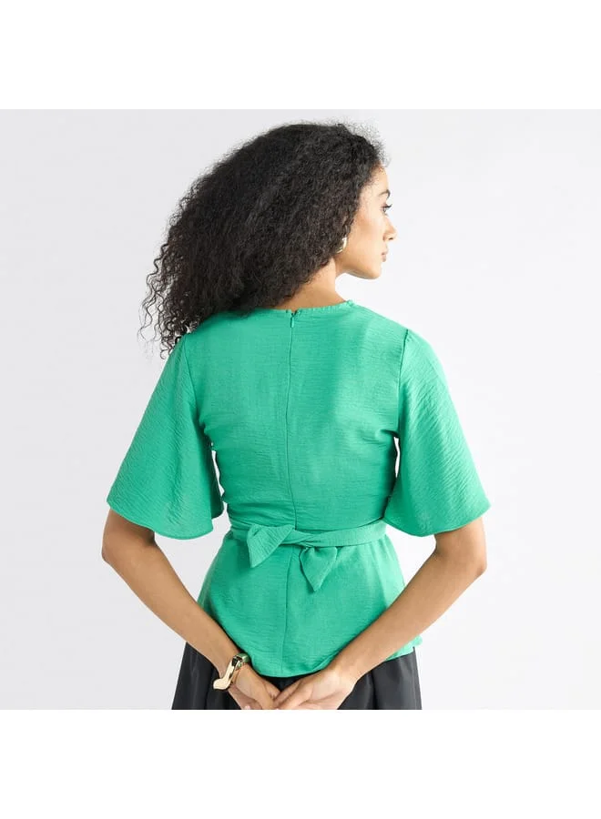 Splash FAV V-neck Top with Flutter Sleeves and Knot Detail