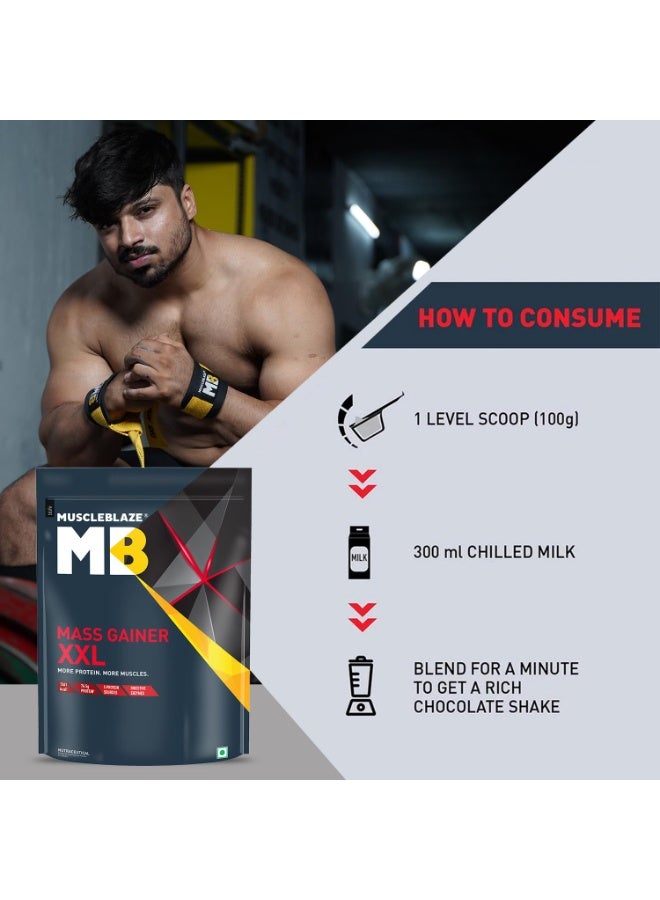 MuscleBlaze Mass Gainer XXL Powder, Chocolate (10 Servings, 1kg / 2.2lbs) | 18g Protein, 70g Carbs per Scoop | With Complex Carbs, High Protein & Digestive Enzymes - Image 2