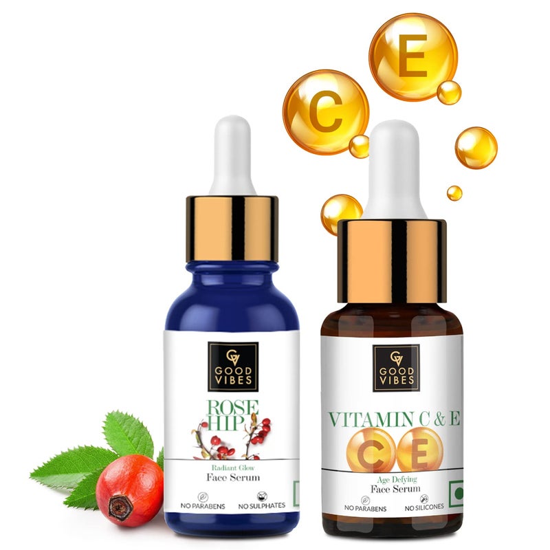 Good Vibes Face Serums Combo Pack of 2 Rose Hip Radiant Glow Face Serum and Vitamin C E Age Defying Face Serum 10 ml x 2 Natural Light Weight Non Greasy Moisturizing Formula For All Skin Types - Image 1