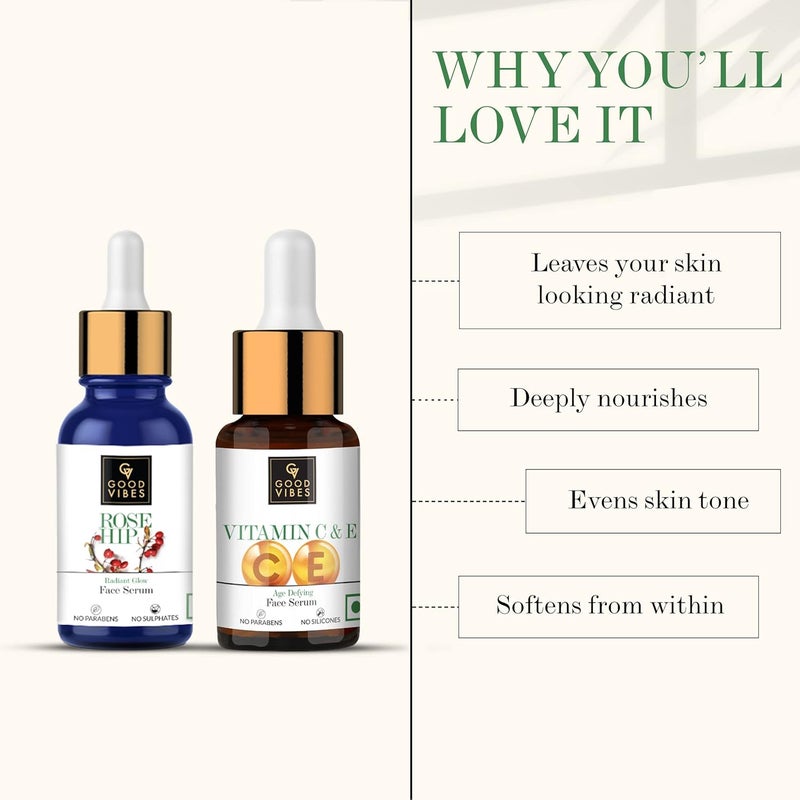 Good Vibes Face Serums Combo Pack of 2 Rose Hip Radiant Glow Face Serum and Vitamin C E Age Defying Face Serum 10 ml x 2 Natural Light Weight Non Greasy Moisturizing Formula For All Skin Types - Image 2