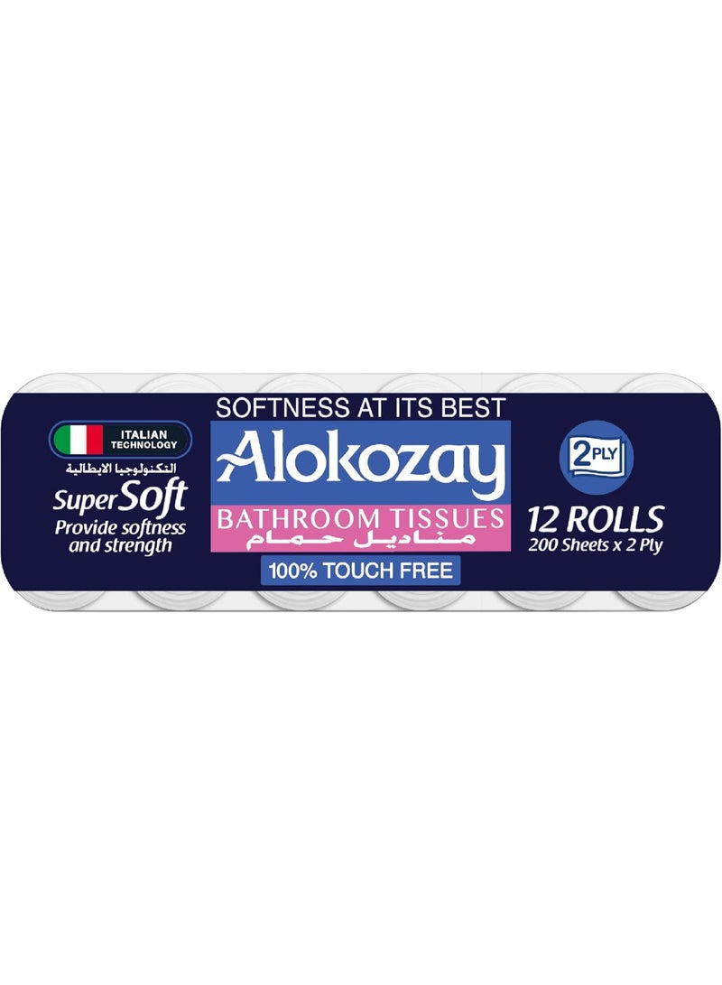 Alokozay Bathroom Tissues/Toilet Papers – 12 Rolls, 200 Sheets X 2 Ply - Image 1
