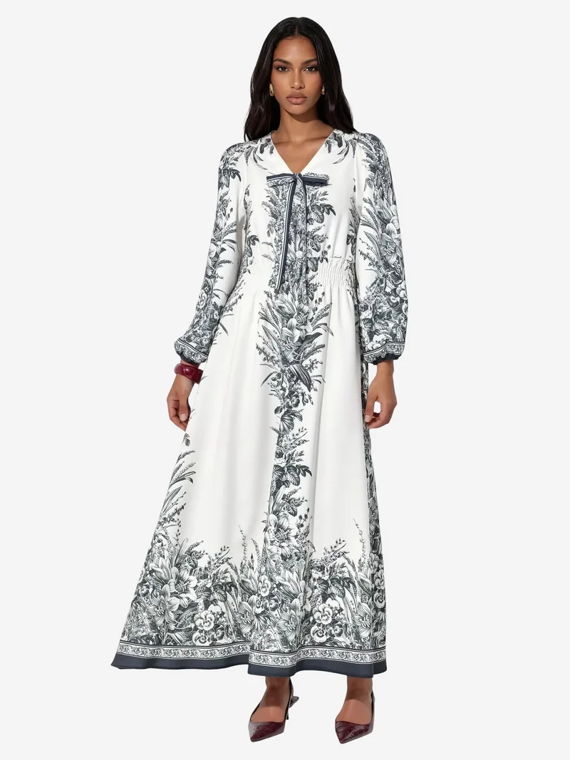 جينيفر Printed V-neck Maxi Dress With Tie Detail