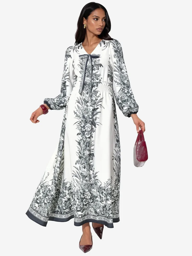 جينيفر Printed V-neck Maxi Dress With Tie Detail