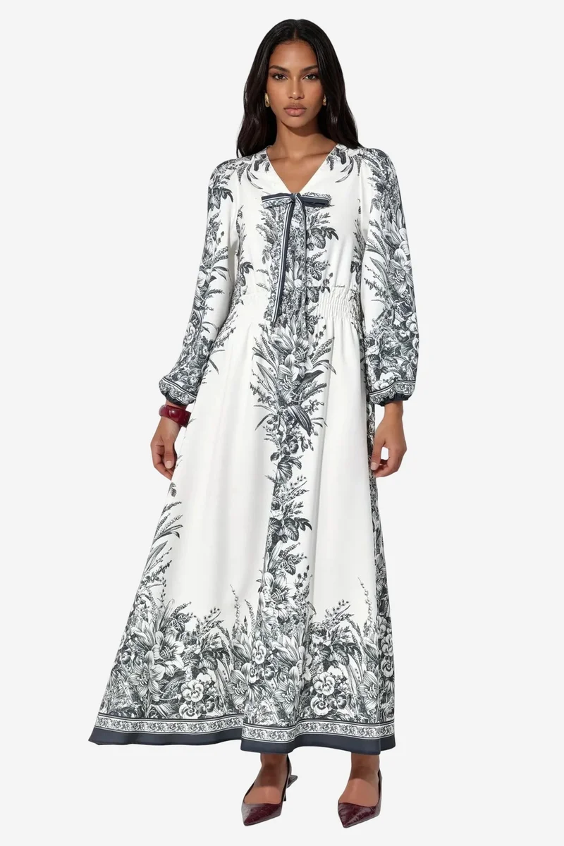 جينيفر Printed V-neck Maxi Dress With Tie Detail