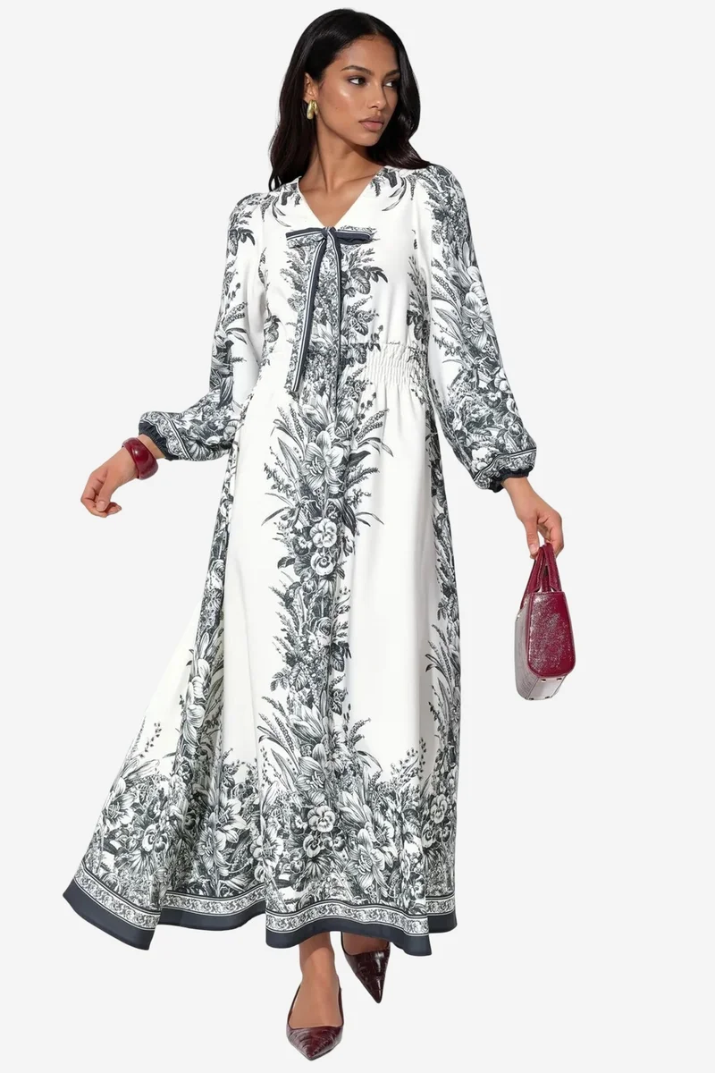 جينيفر Printed V-neck Maxi Dress With Tie Detail