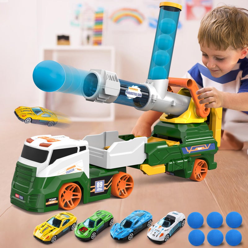 Dwi Dowellin Truck Toys for Kids  28"" Large Car Toys Include 4 Racing Cars+6 Ball  with Light & Sounds  Eejection&Shooting Transport Cars Toy  Gifts for Boys Girls-Green - Image 1
