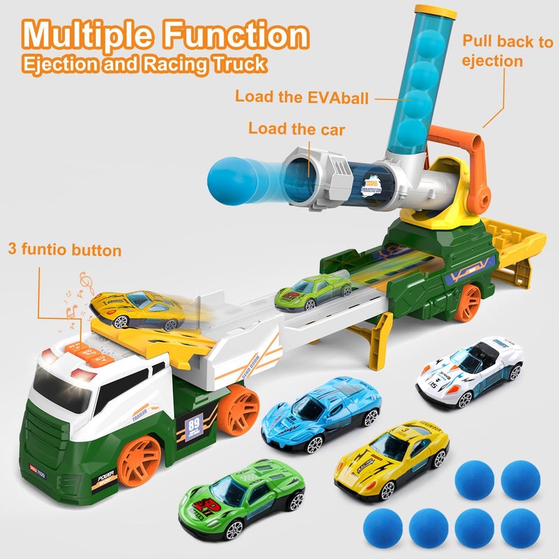 Dwi Dowellin Truck Toys for Kids  28"" Large Car Toys Include 4 Racing Cars+6 Ball  with Light & Sounds  Eejection&Shooting Transport Cars Toy  Gifts for Boys Girls-Green - Image 3