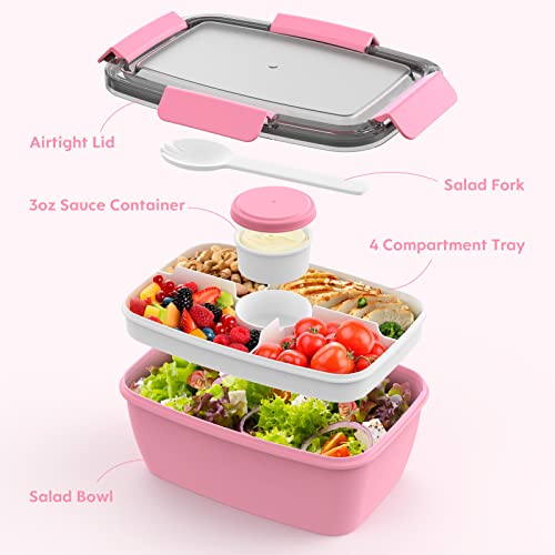 Cherrysea 2Pack Salad Lunch Container, 68oz Salad Bowls with 4 Compartments Tray,Leak Proof Lunch Box with Fork for Men,Women BPA-Free Snack Container with Sauce Container for Dressings-Pink - Image 2