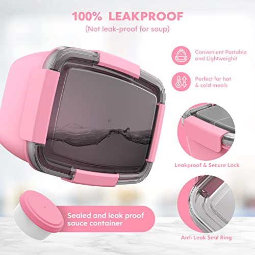 Cherrysea 2Pack Salad Lunch Container, 68oz Salad Bowls with 4 Compartments Tray,Leak Proof Lunch Box with Fork for Men,Women BPA-Free Snack Container with Sauce Container for Dressings-Pink - Image 5