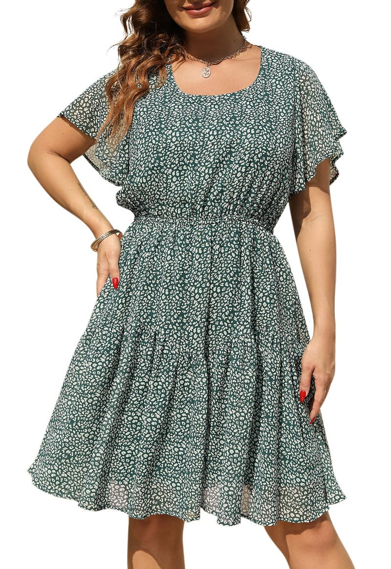 Nemidor Plus Size Summer Dresses for Curvy Women Casual Boho Midi Chiffon Print Floral Dress with Ruffle Sleeve 142629714Green Print