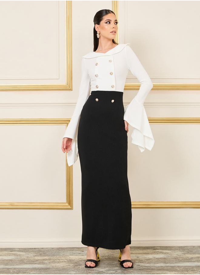 Styli Button Detail Bell Sleeves Bodycon Maxi Dress  - Image 1